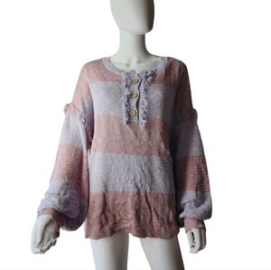 Talulah Pink/Violet Striped Cardigan Sweater with Frayed Trims & Balloon Sleeves